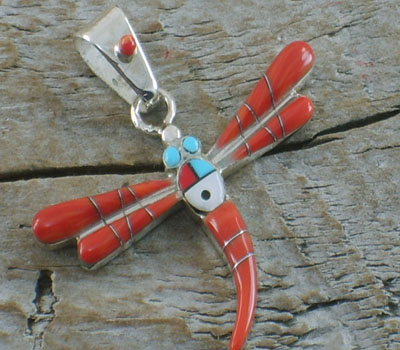  Dragonfly Pendant Coral Inlay-Southwest